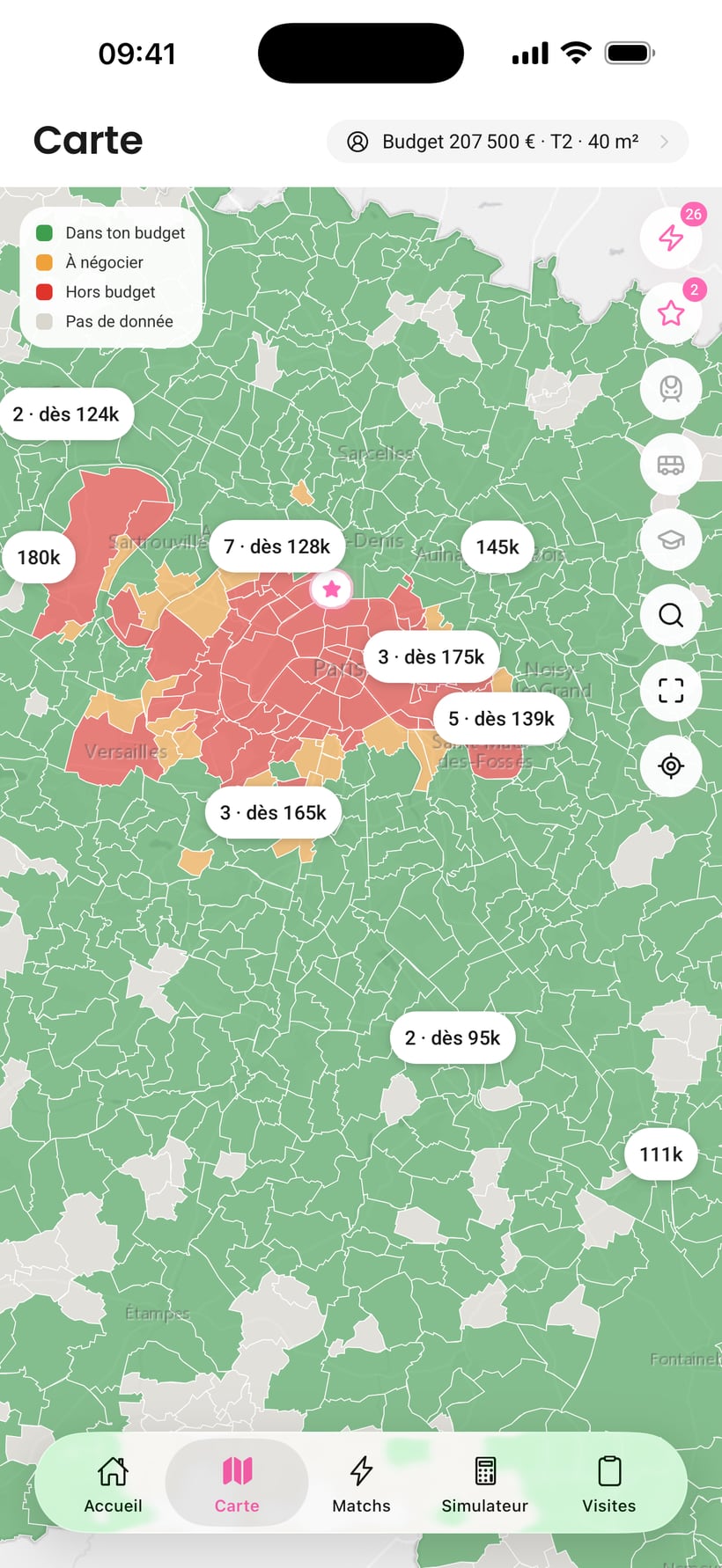 L'onglet Carte : l'Île-de-France colorée selon le budget