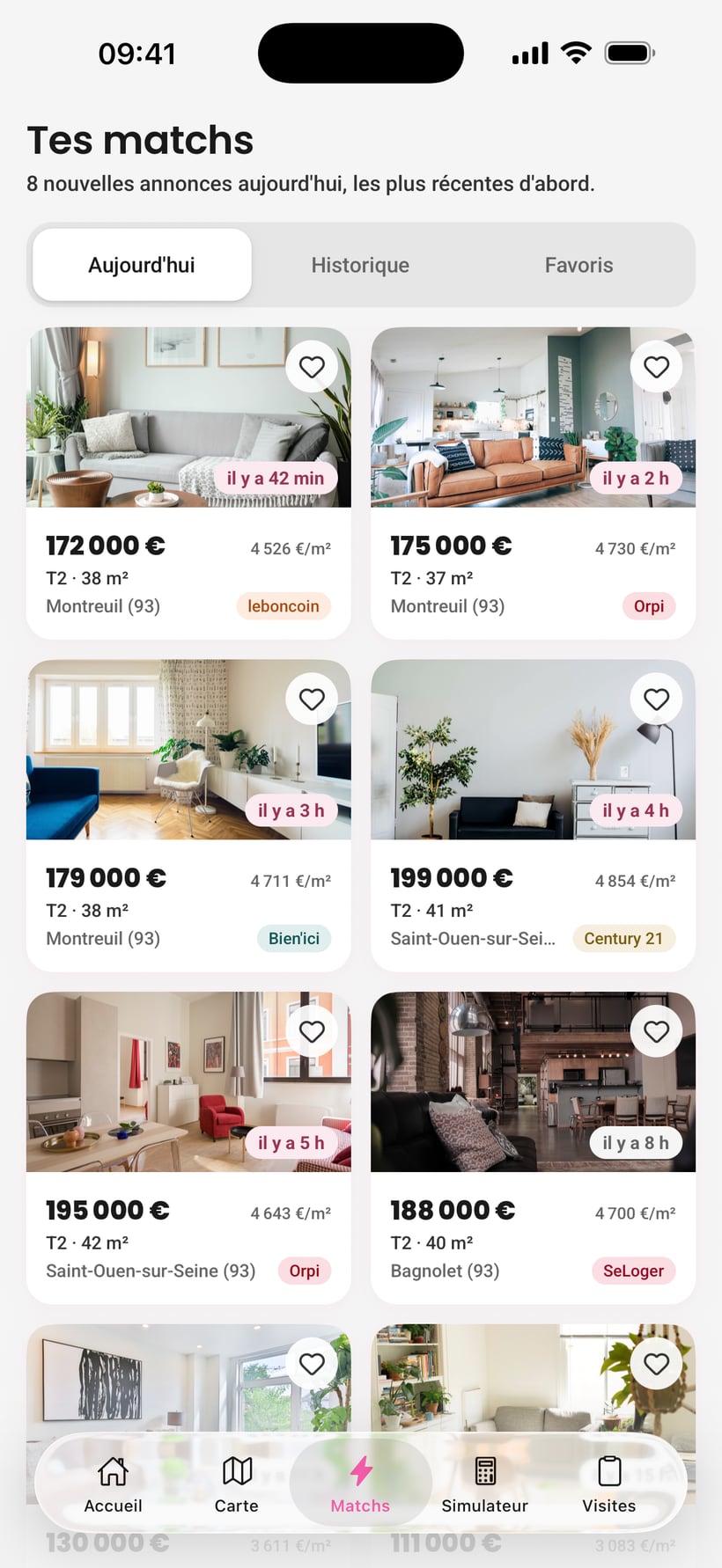 Les matchs du jour dans l'app : annonces notées, prix au m² et commune