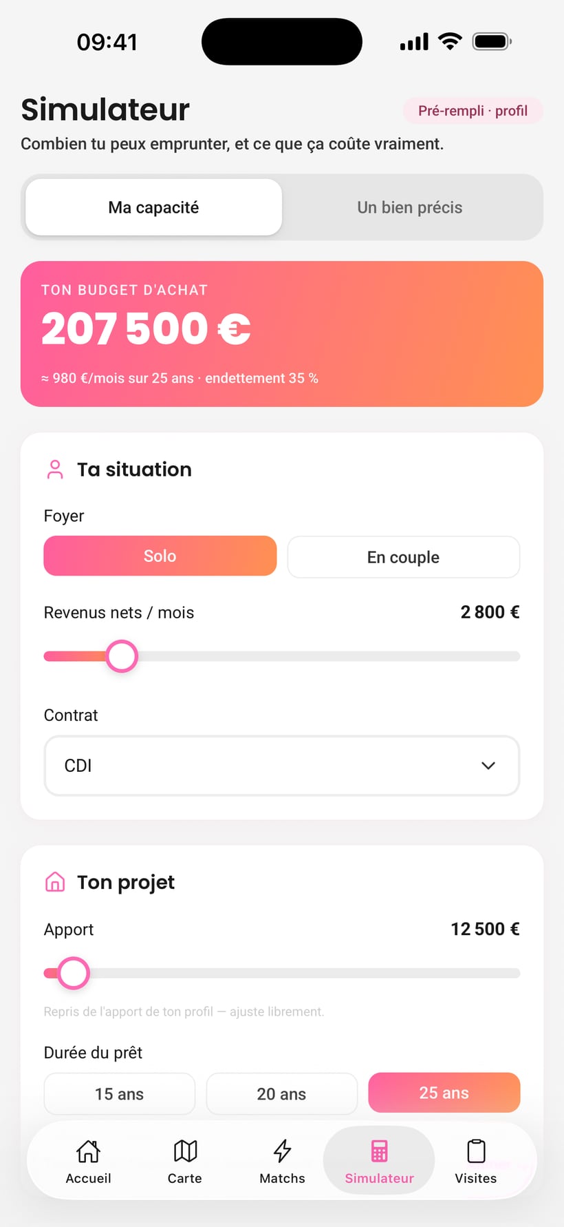 L'onglet Simulateur : revenus, apport et durée du prêt