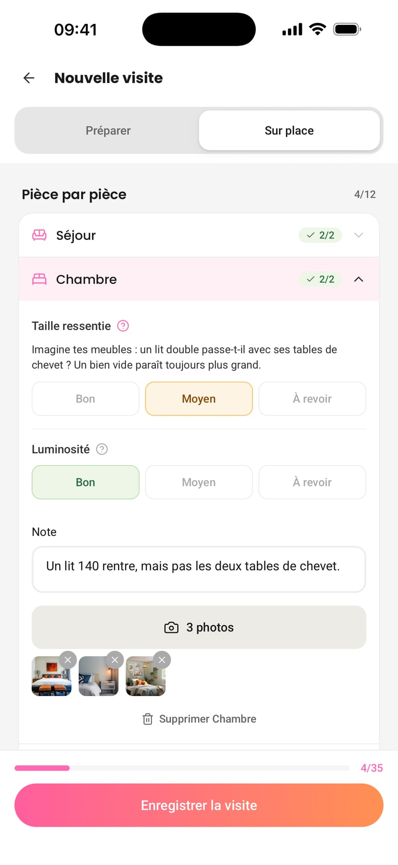 L'onglet Visites : la fiche pièce par pièce, remplie sur place